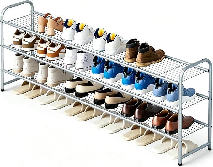 KEETDY 3-Tier Long Shoe Rack for Closet Metal Shoe Organizer for Entryway, Wide Stackable Shoe Storage Shelf with Sturdy Wire Grid for Closet Floor, Bedroom, Grey by KEETDY