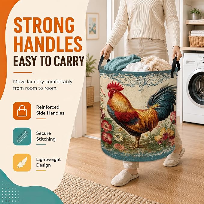 Vintage Rooster Flower Laundry Basket,Foldable Oxford Laundry Hamper with Handles,Portable Clothes Tote Bag Clothes Storage Bucket Organizer 20.8" x16" For Bathroom/Laundry Storage/Bedroom - Image 5