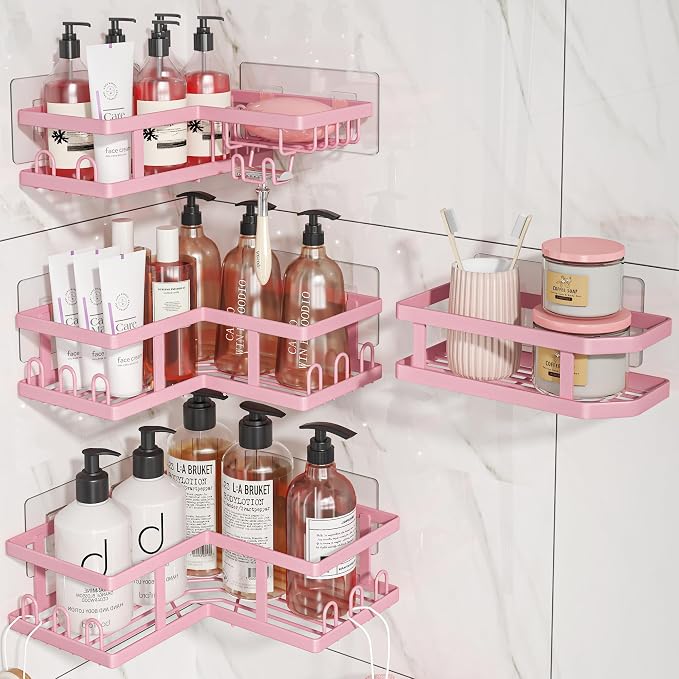 Youvip 4-Pack Adhesive Corner Shower Caddy with Soap Holder, No Drilling Wall Mounted Shower Shelves-Rustproof, Organizer for Bathroom, Kitchen & Home Decor. Pink by YOUVIP