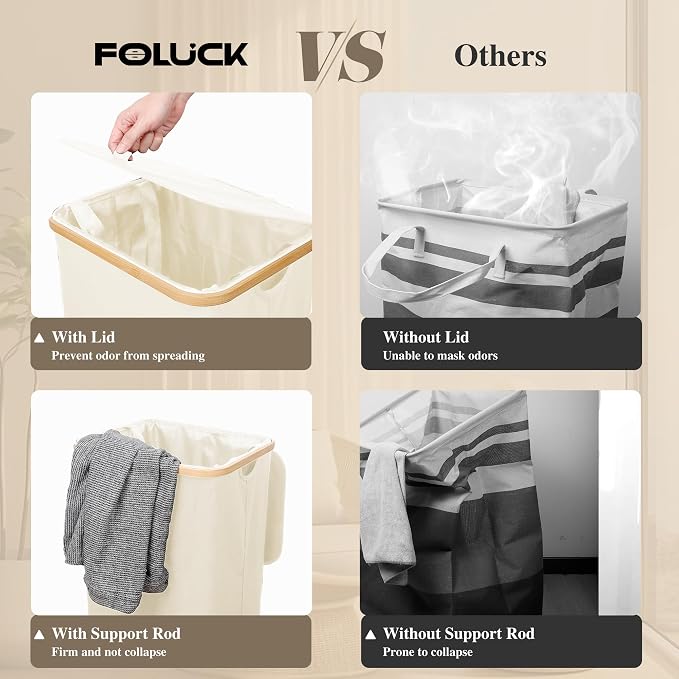 Foluck Large Laundry Hamper, 75L Waterproof Laundry Basket with Lid and Removable Bag, Collapsible Tall Clothes Hamper with Bamboo Handles for Clothes Toys in Dorm Bedroom Bathroom, Beige, ZYL201-W - Image 4