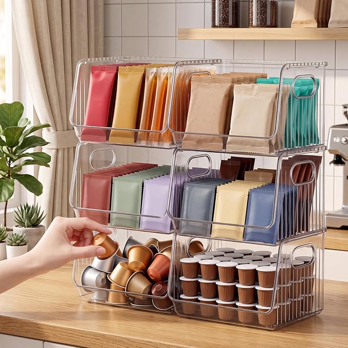 Novabright 6 Pcs Clear Plastic Storage Bins Stackable Pantry Storage Organizer Kitchen Cabinet Organizers Ideal Containers for Coffee Pod Tea Sugar Bag Office Fridge Caddy - Image 7