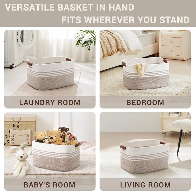 60L Woven Laundry Basket Hamper with Leather Handles,Brown​ - Image 4