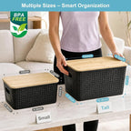 Bagnizer Small Plastic Storage Bins with Bamboo Lids 5.2qt Stackable Box Basket Pantry Decorative Containers Cute with Lable for Organizing Desktop Closet Office Black of 6 packs 10 * 7.2 * 4.1" - Image 9