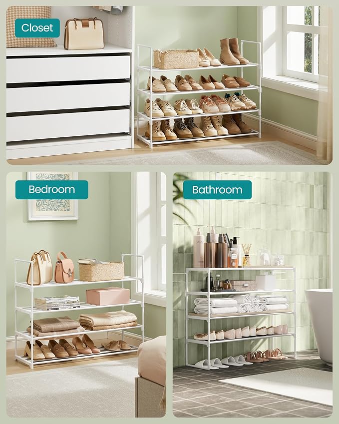 SONGMICS Shoe Rack, 4-Tier Shoe Organizer, Metal Storage Shelf | for Entryway, Upright or Upside Down, for 20-25 Pairs, Stackable, 11.8 x 36.2 x 29.1 Inches, Pearl White ULSA014WK01 - Image 7