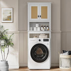 GarveeHome Over The Toilet Storage Cabinet, Farmhouse Over Toilet Bathroom Organizer with Rattan Doors, Freestanding Wood Above Toilet Storage Cabinet with Adjustable Shelf, White - Image 3