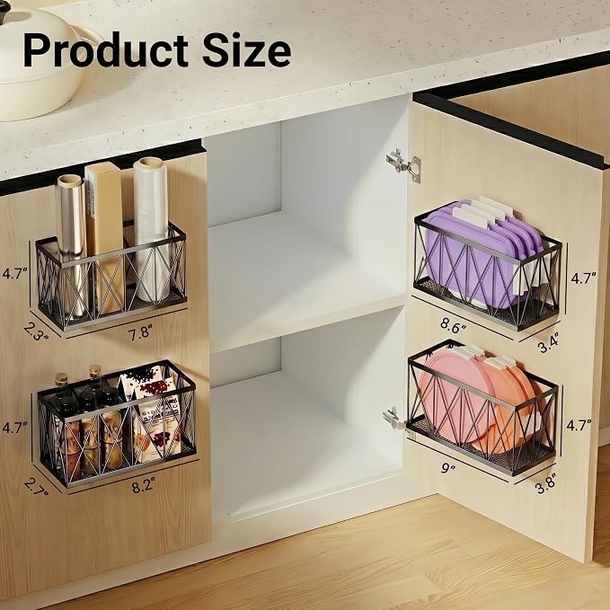 4 Pack Cabinet Door Organizer, Adhesive Inside Cabinet Door Storage for Kitchen Bathroom, Lid Organizer Compatible with Tupperware Pyrex, Wall Mounted Basket for Pantry Under Sink, Black - Image 3