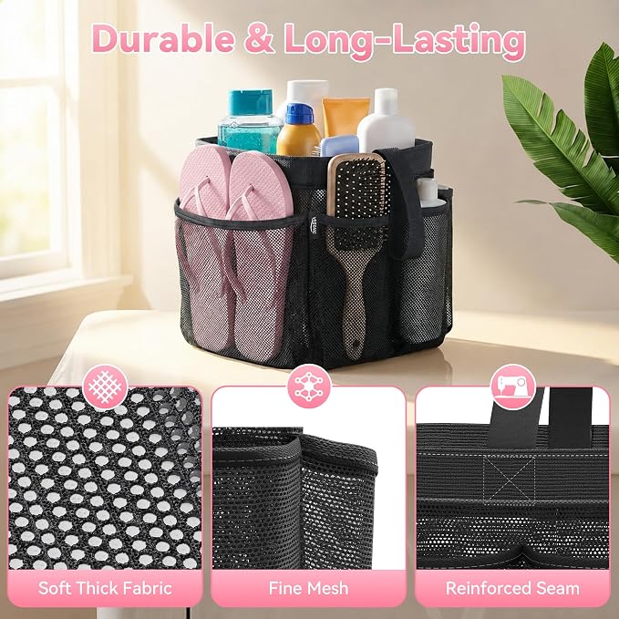 YASONIC Mesh Shower Caddy Portable for Dorm College Room Essentials, 8-Pocket Large Shower Bag with Single Handles, Hanging Shower Basket for Beach, Swimming, Bathroom, Beach, Black - Image 4