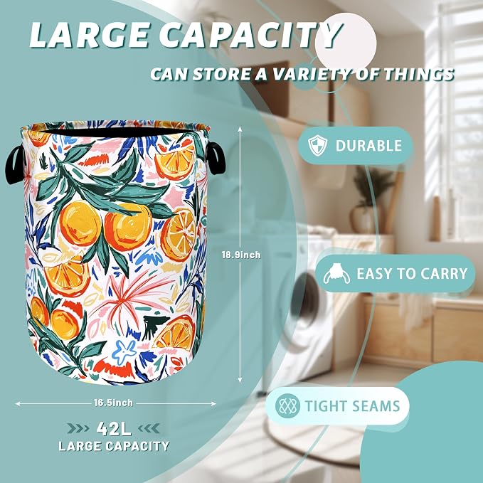 Fruit Orange Laundry Basket Oxford Cloth Foldable Hamper 18.9x16.5 Inch - Image 2