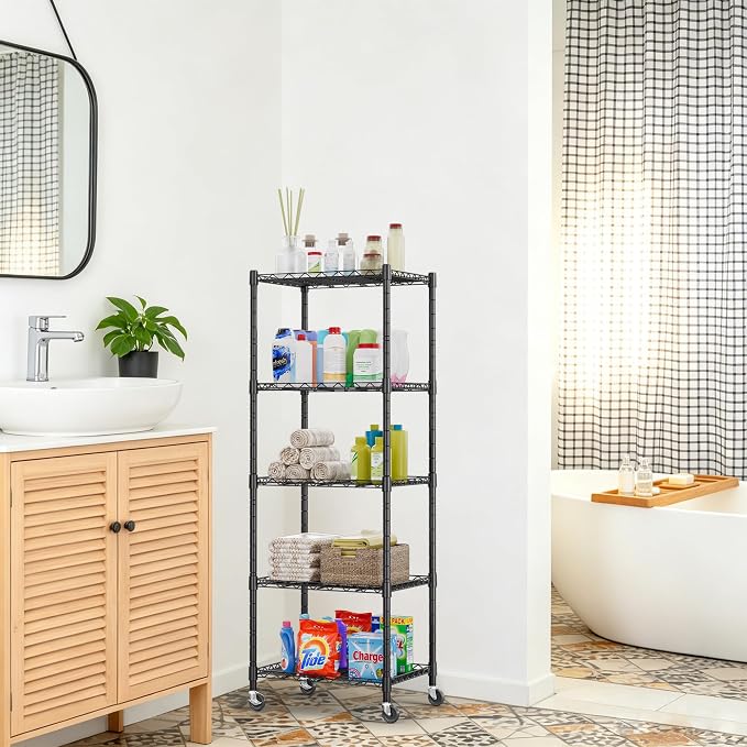 REGILLER 5-Wire Shelving Metal Storage Rack Adjustable Shelves,Standing Storage Shelf Units for Laundry Bathroom Kitchen Pantry Closet(Black,11.8" D x 16.6" W x 53.5" H,With Wheels) - Image 7