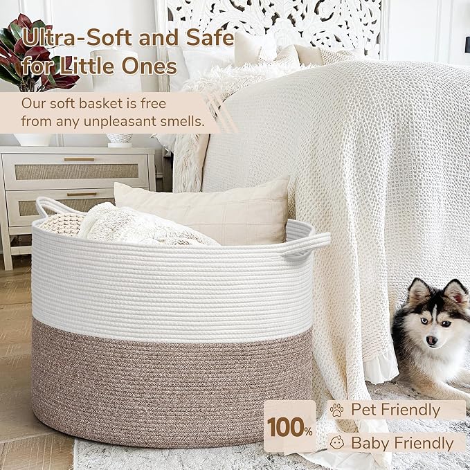 INDRESSME 115L Extra Large Woven Rope Blanket Basket Living Room, Brown - Image 5