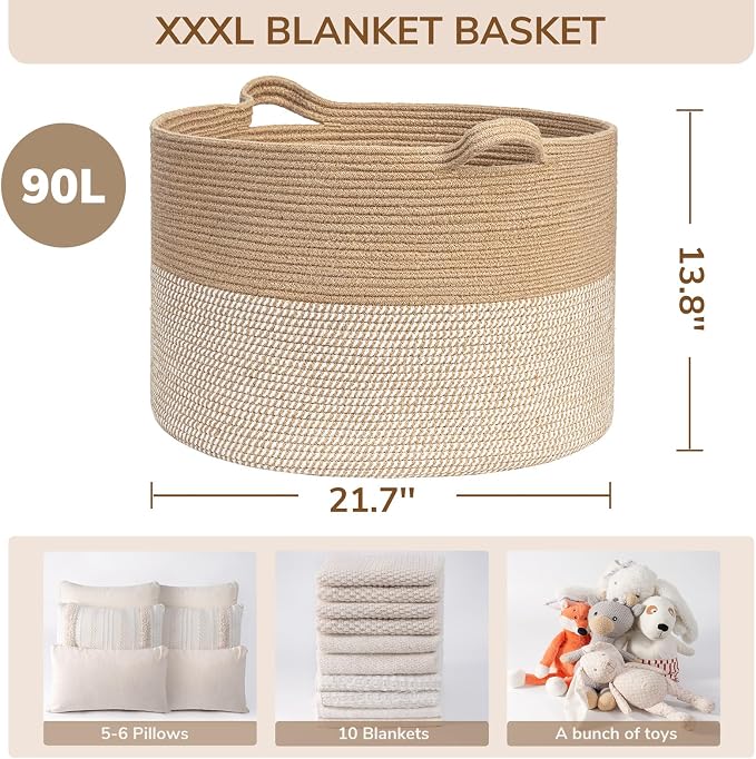 INDRESSME XXXLarge Woven Wicker Blanket Basket Living Room White Jute, 90L - Image 7