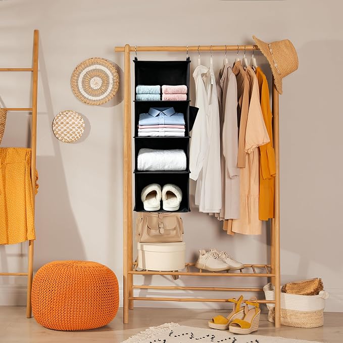 Hanging Closet Organizer and Shelves,4 Shelves with 1 Side Pockets (Black) | Foldable, Grey Fabric, Modern Style, for Bedroom and Dorm Room - Image 2