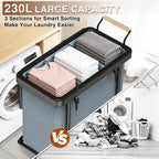 Rolling Laundry Hamper with Wheels, Laundry Hamper 3 Section with Lid Gray - Image 4