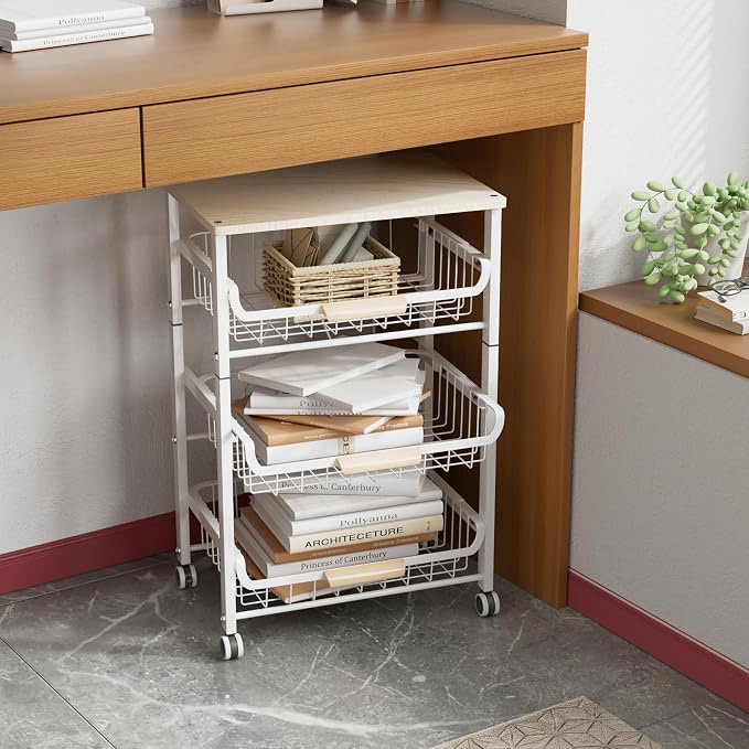NiuYichee 4-Layer Fruit Basket Kitchen Food Organizer and Rack, Stackable Storage Cart with Desktop, Pull-Out Hollow Metal Basket, Sliding Out Storage (Black 4-Layer Rack) - Image 5