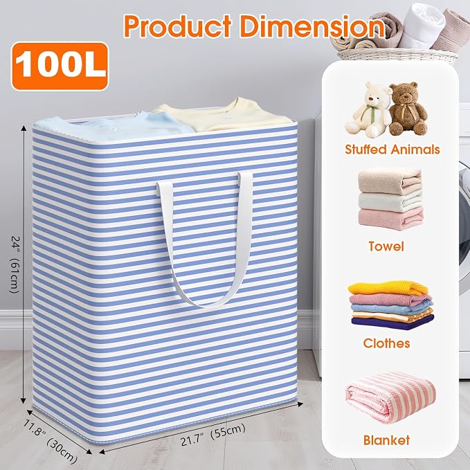 3-Pack Laundry Basket, Collapsible Laundry Hampers, 100L, Blue - Image 2