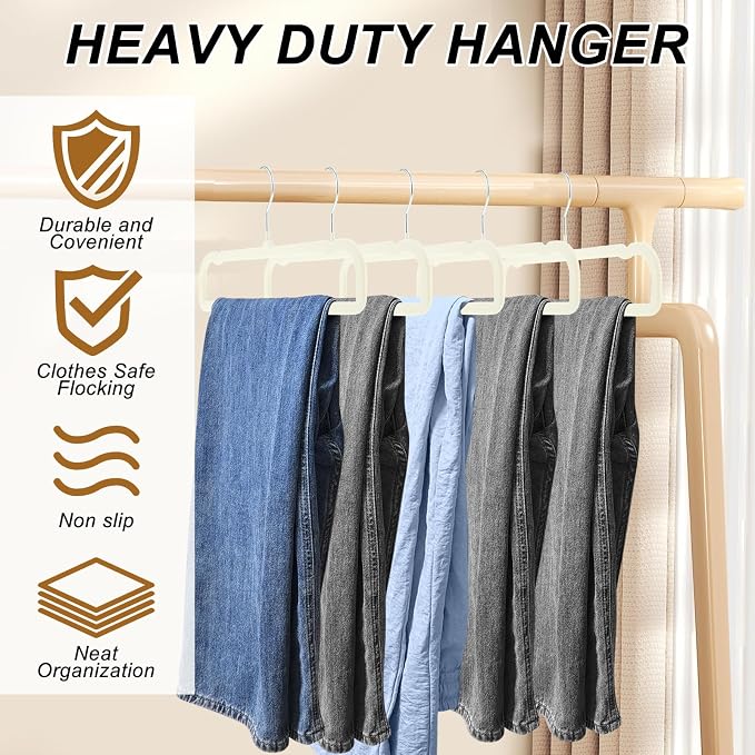 Pants Hangers Space Saving, 30 Pack Velvet Hangers for Closet with 30 Hooks, Strong Durable Non Slip Slim Clothes Hanger, Ultra Soft Flocked Hanger for Pants, Shirts, Bra, Shorts (Cream) - Image 3
