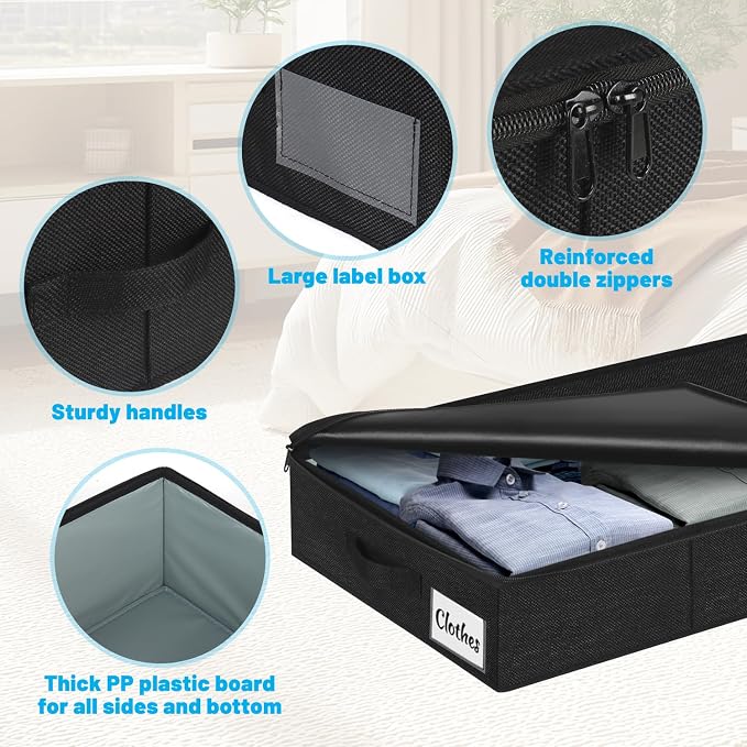 Under Bed Storage Container Bins 4 Pack, 4 Inch Thin Low Profile Underbed Clothes Storage Organizer for Dorm & Home, Use for Blanket and Toy Storage Box W/ Sturdy Bottom/Sides, Foldable Thick Fabric - Image 7