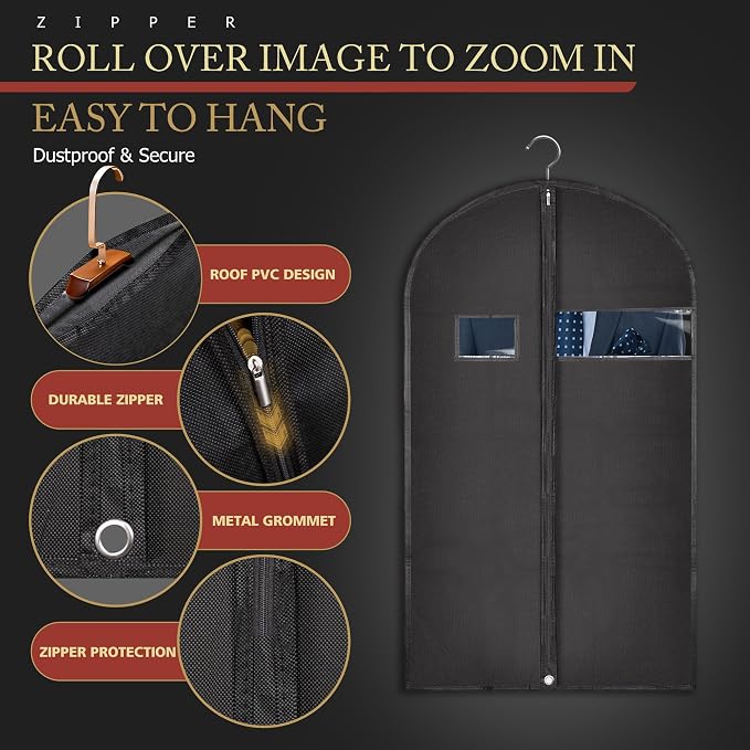 Hleelomi 5 Pack 40-inch Suit Bag Garment Bag for Travel and Storage, Garment Bags for Hanging Clothes with Zipper and Visible Transparent Window, Black - Image 2