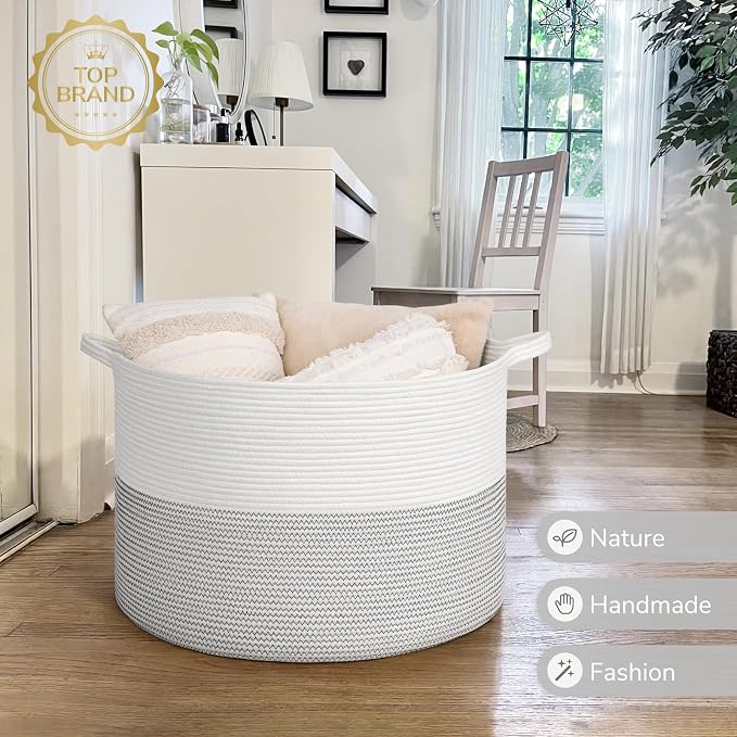 INDRESSME 115L Extra Large Woven Rope Blanket Basket Living Room, White - Image 7