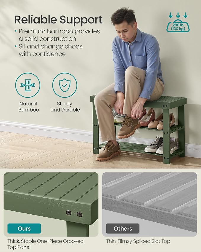 SONGMICS Shoe Rack Bench, 3-Tier Bamboo Entryway Bench, 27.6 Inches Width | Shoe Storage Organizer, Holds Up to 286.6 lb, Forest Green, BAMBOU Collection ULBS004C01 - Image 4