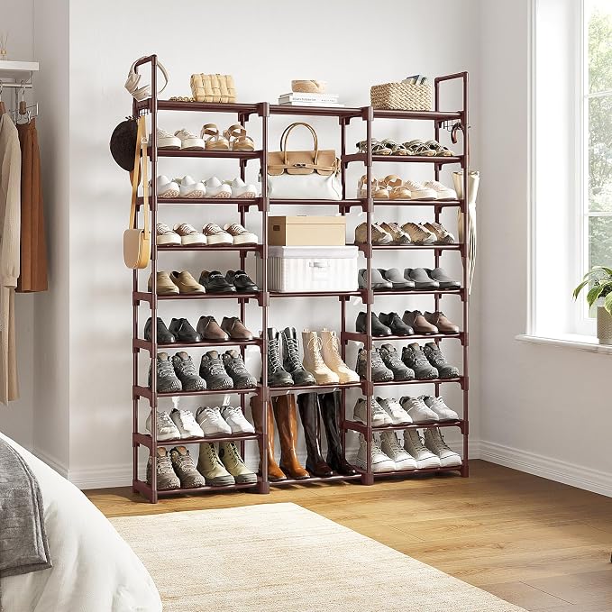 WOWLIVE 9 Tier 3-Column Shoe Rack, 50-55 Pairs Stackable Brown - Image 4
