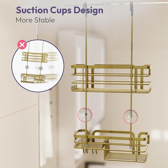 SWTYMIKI Shower Caddy Hanging Organizer - Over the Door Shower Caddy with Soap Holder, 11 Hooks, 2 Installation Ways, Stainless Steel Rustproof Bathroom Organizer, Gold - Image 6
