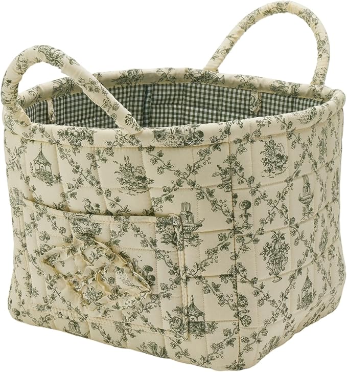 Quilted Fabric Storage Basket with Handles & Pocket, Foldable Laundry Hamper Boho Floral Print Organizer Bin for Home, Picnic, Office 12"x10"x10" (B-2) by Unknown