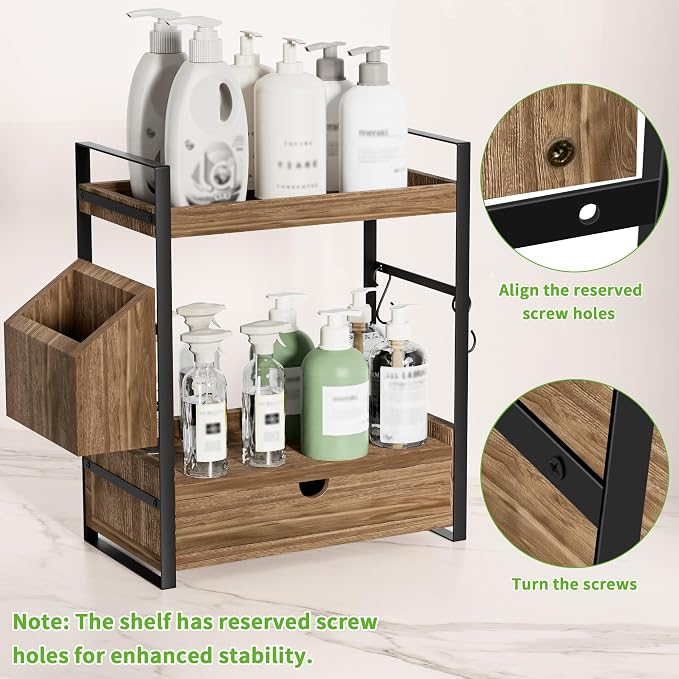 2-Tier Bathroom Counter Organizer, Wooden Vanity Shelf with Drawer & Basket - Image 5
