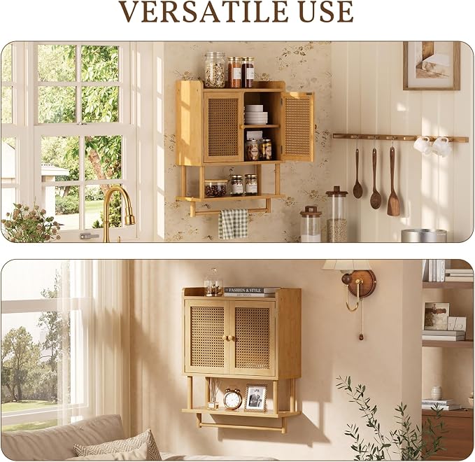 AmazerBath Bathroom Wall Cabinets, Bamboo Medicine Cabinet with Rattan Door, Large Over The Toilet Storage Cabinet with Towel Bar, Wall Mounted Cabinet with Adjustable Shelves for Small Spaces - Image 8