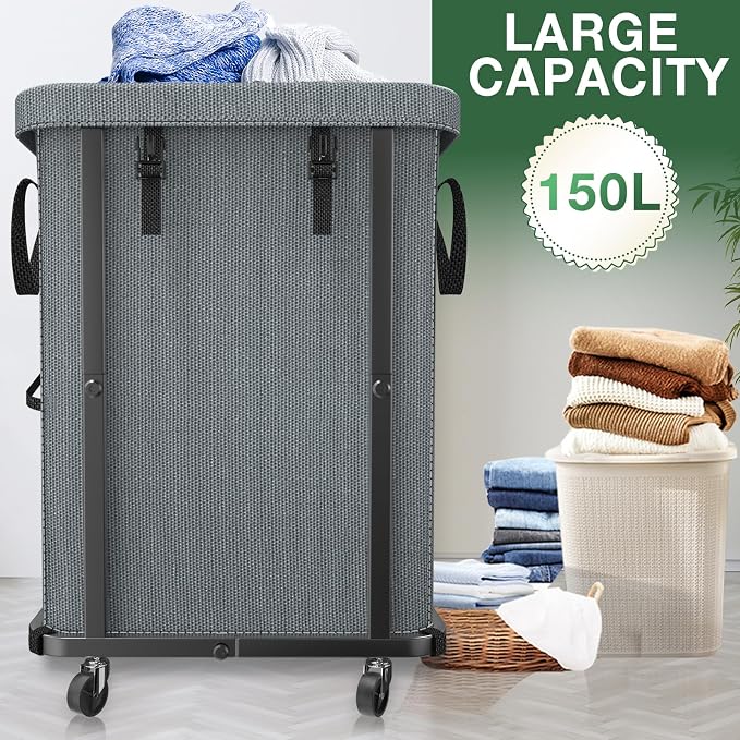 Laundry Hamper with Lid,150L Rolling Laundry Basket with Wheels,Grey - Image 2