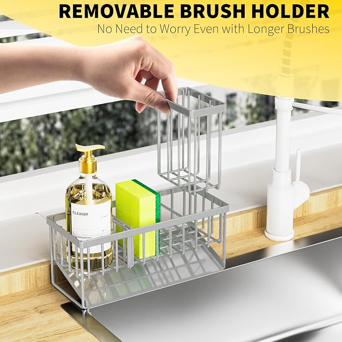 Cisily Sink Caddy Organzier with High Brush Holder, Sponge Holder for Sink, 304 Rustproof Stainless, Kitchen Countertop Soap Dispenser Organizer, Gray Kitchen Decor and Accessories - Image 4