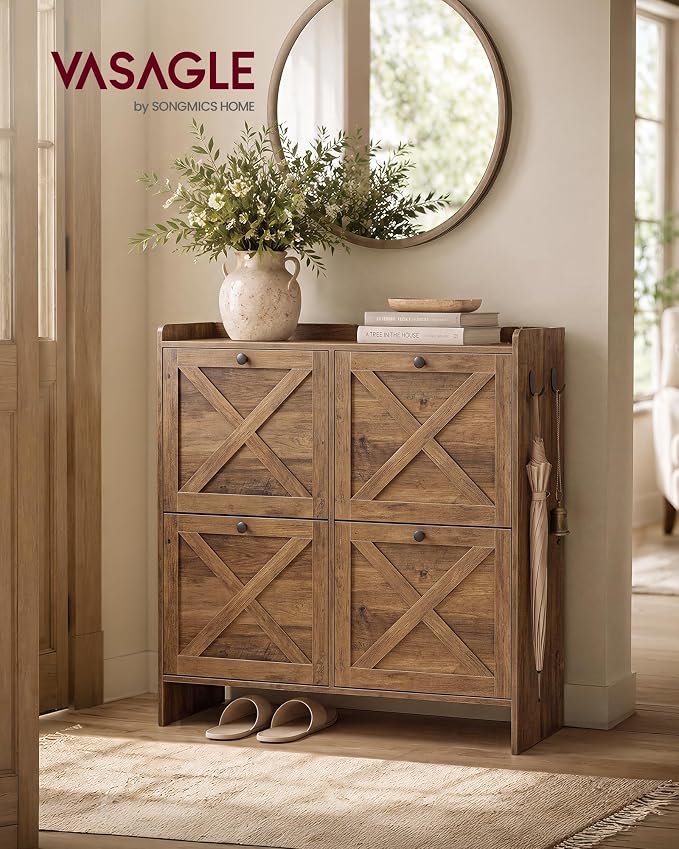 VASAGLE Narrow Shoe Storage Cabinet Organizer with 4 Flip Drawers | Freestanding Shoe Rack, Fits 16 to 24 Pairs, for Entryway, Farmhouse Style, Honey Brown, HANIS Collection UHSC403KB01S - Image 3