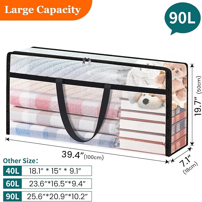TasticTotes 4 Pack Clear Storage Bags for Comforter, 90L Long | Plastic Blanket Storage with Zipper & Handle, Foldable Moving Bags, Closet Organizer and Under-Bed Storage Containers - Image 2