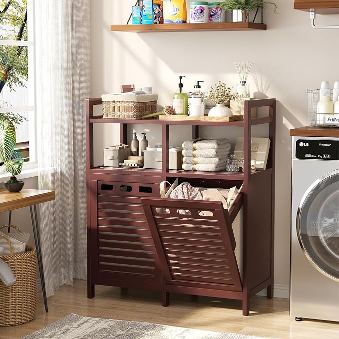 Homykic Tilt Out Laundry Hamper Cabinet, Bamboo Laundry Organizer, Espresso - Image 3