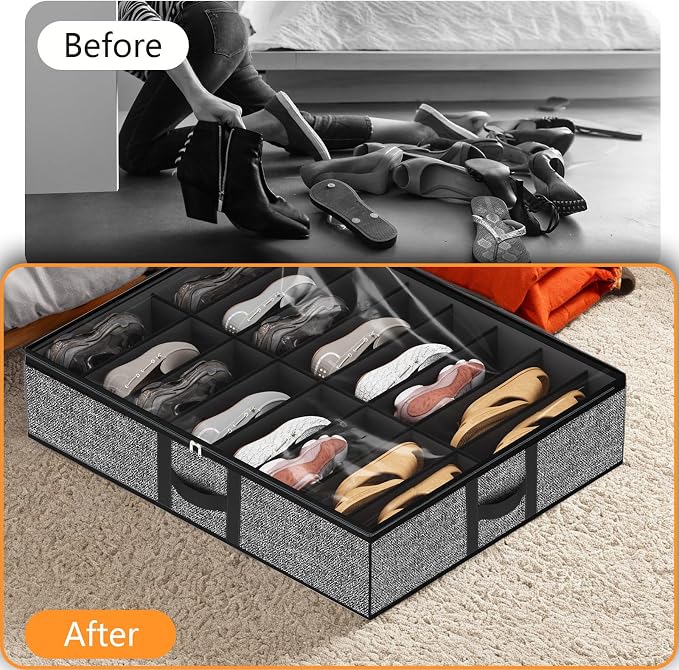 homyfort Under Bed Shoe Storage Organizer Fits 16 Pairs Shoes and 4 Pairs Boots, Underbed Shoe Storage Boxes Bins, Organizador De Zapatos, Extra Large Zapateras Organizer for closet, Black, Set of 2 - Image 4