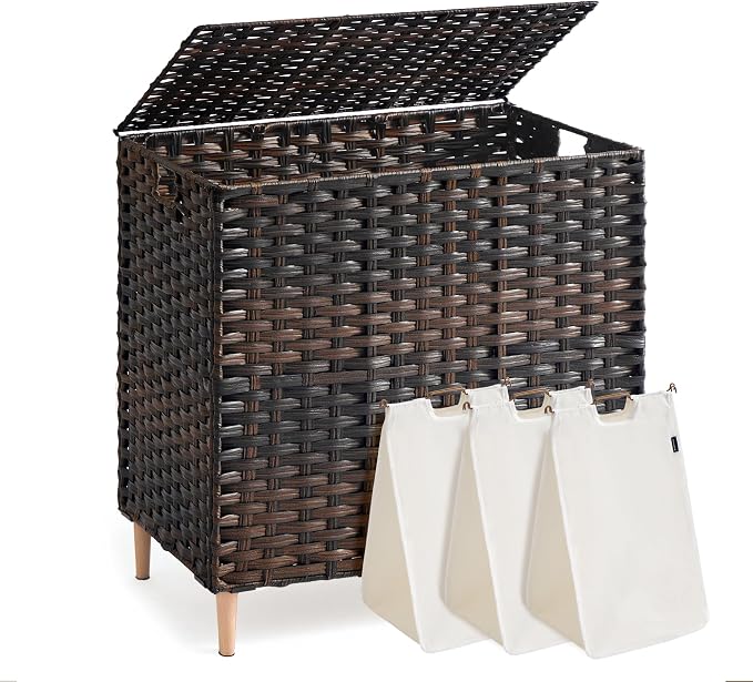 SONGMICS 3-Section Laundry Hamper with Lid, PE Rattan, 42 Gallons (160 L) by Unknown