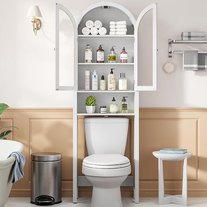 Arched Over The Toilet Storage Cabinet with Acrylic Doors, 4 Tier Small Bathroom Shelf Organizer, Arched Bathroom Cabinet with Adjustable Shelf, Slim Narrow Toilet Rack, Wood, White - Image 6