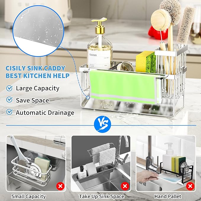 Cisily Kitchen Sink Caddy Organzier with High Brush Holder, Sponge Holder for Sink, 304 Rustproof Stainless, Kitchen Countertop Soap Dispenser Organizer (Silver With Towel Rack, 9.25″) - Image 2