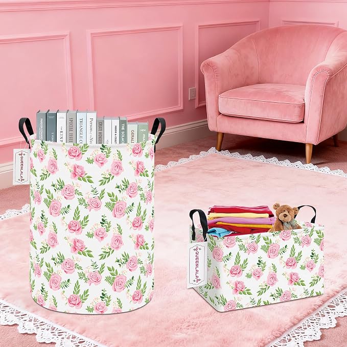 Rectangular Collapsible Laundry Basket with Side Handles, Pink Roses - Image 8