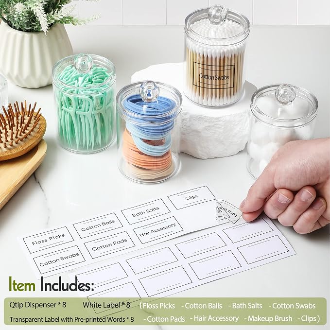 8 Pack Acrylic Qtip Holder Dispenser for Cotton Swabs, Balls, Floss Picks - Image 2