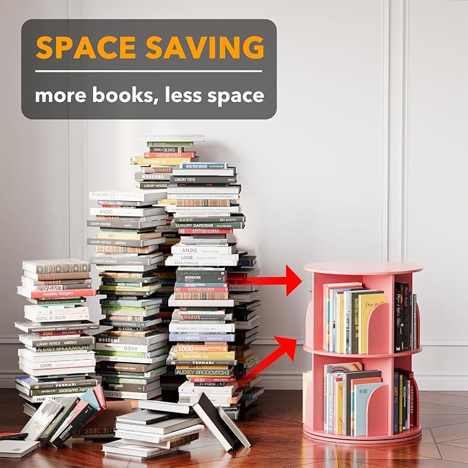 SpaceAid 2 Tier Rotating Bookshelf Tower, Spinning Bookcase Lazy Susan, Revolving 360 Book Shelf Storage Round Carousel, Vertical Rotate Turning Spiral Corner Organizer, Pink - Image 3