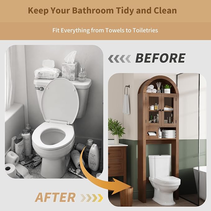 Arched Over the Toilet Storage Cabinet with Tempered Glass Doors, Walnut - Image 8