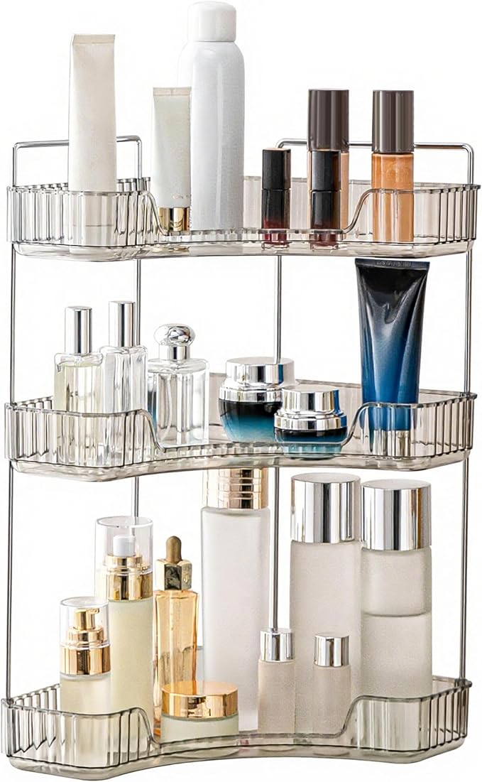 YCIA&DONE Corner Bathroom Counter Organizer, Makeup Organizer for Vanity, Skincare Cosmetic Perfume Tray, Corner Countertop Shelf Rack Storage for Bathroom Kitchen 3Tiers (Smoky Gray) by YCIADONE