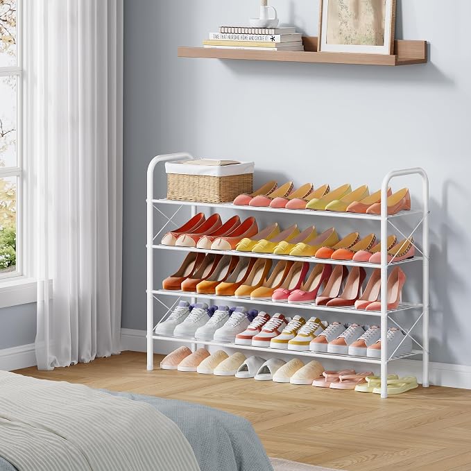 Hoctieon 4 Tier Mesh Style Shoe Rack, Entryway Shoe Shelf, Shoe Storage Organizer, Shoe Rack for Closet, Space Save for Bathroom, Garage, Hallway, Bedroom, Living Room, White - Image 5
