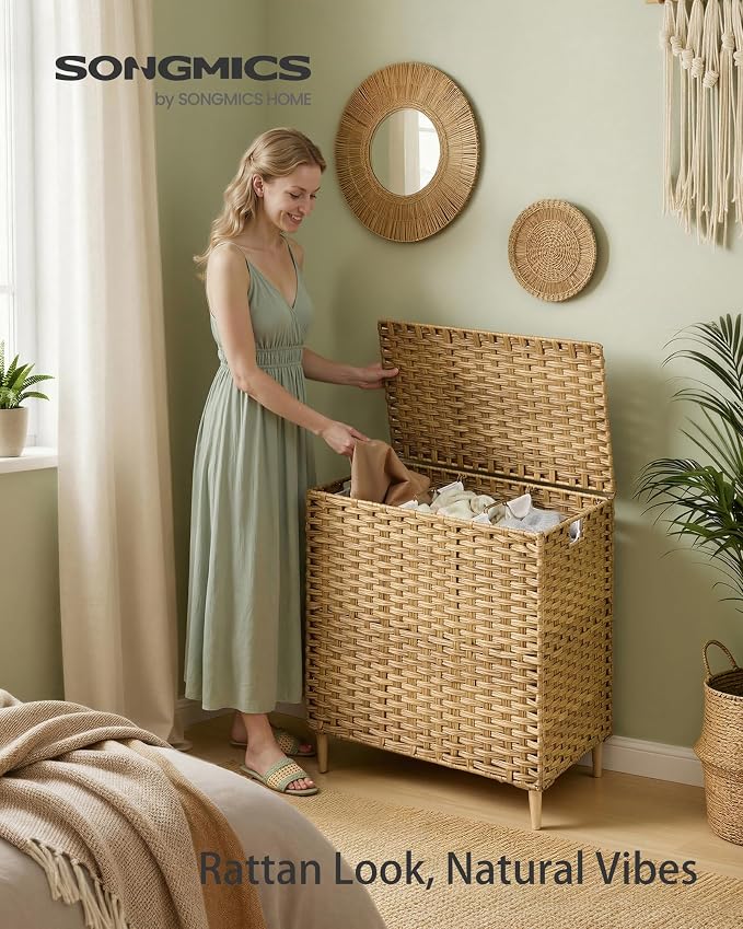 SONGMICS 3-Section Laundry Hamper with Lid, PE Rattan, 42 Gallons (160 L) - Image 2