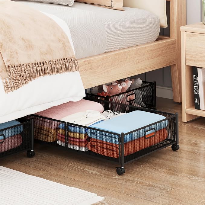 Gawerk Under Bed Storage with Wheels, Foldable Metal Mesh Underbed Storage Container Bins, Tool-free Assembly Clothes Drawer Organizer,2Pack - Image 7