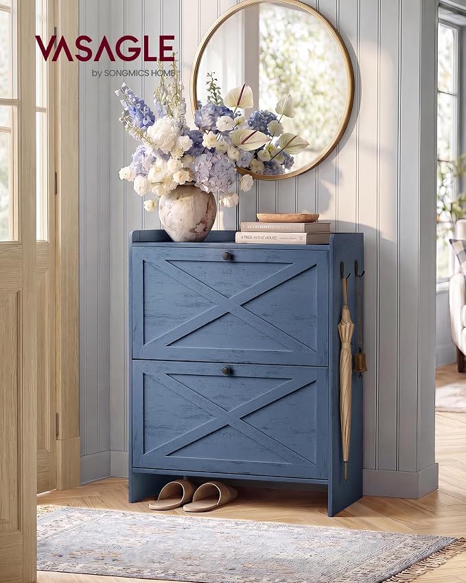 VASAGLE Narrow Shoe Storage Cabinet Organizer with 2 Flip Drawers | Freestanding Shoe Rack, Fits 14 to 16 Pairs, for Entryway, Farmhouse Style, Rustic Blue, HAINS Collection UHSC203QR01S - Image 3