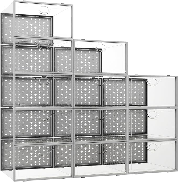 Pinkpum 12 Pack X-Large Shoe Storage Boxes, Shoe Organizer Clear Stackable | Fit US Size 11, 6.2” Height, Shoe Dispaly Case Holder Bins Sneaker Storage for Sneakerheads, For Home and Family, Grey by Pinkpum