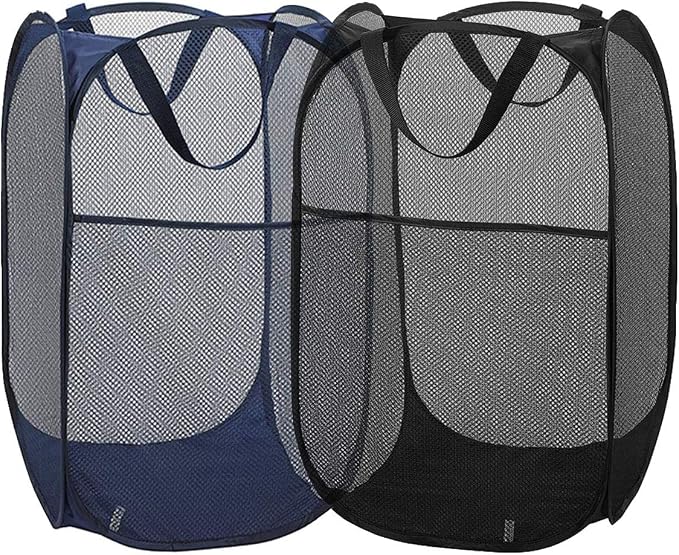 2 Packs Mesh Pop up Laundry Hamper (Black/Navy Blue) with Portable Durable Handles, Collapsible for Storage, Folding Pop-Up Clothes Hampers for Apartment, Home, College Dorm or Travel by Buenod
