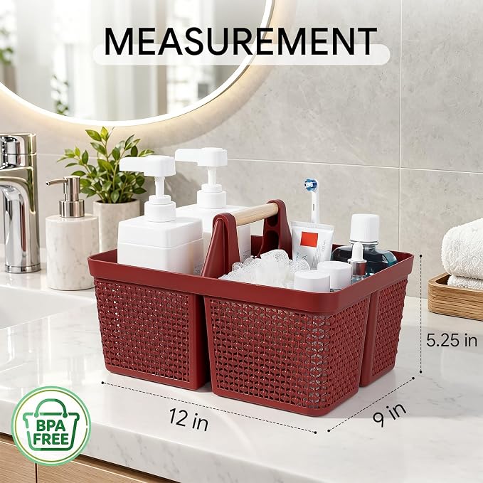 UUJOLY Portable Plastic Shower Caddy Basket with Wooden Handle, Red - Image 6